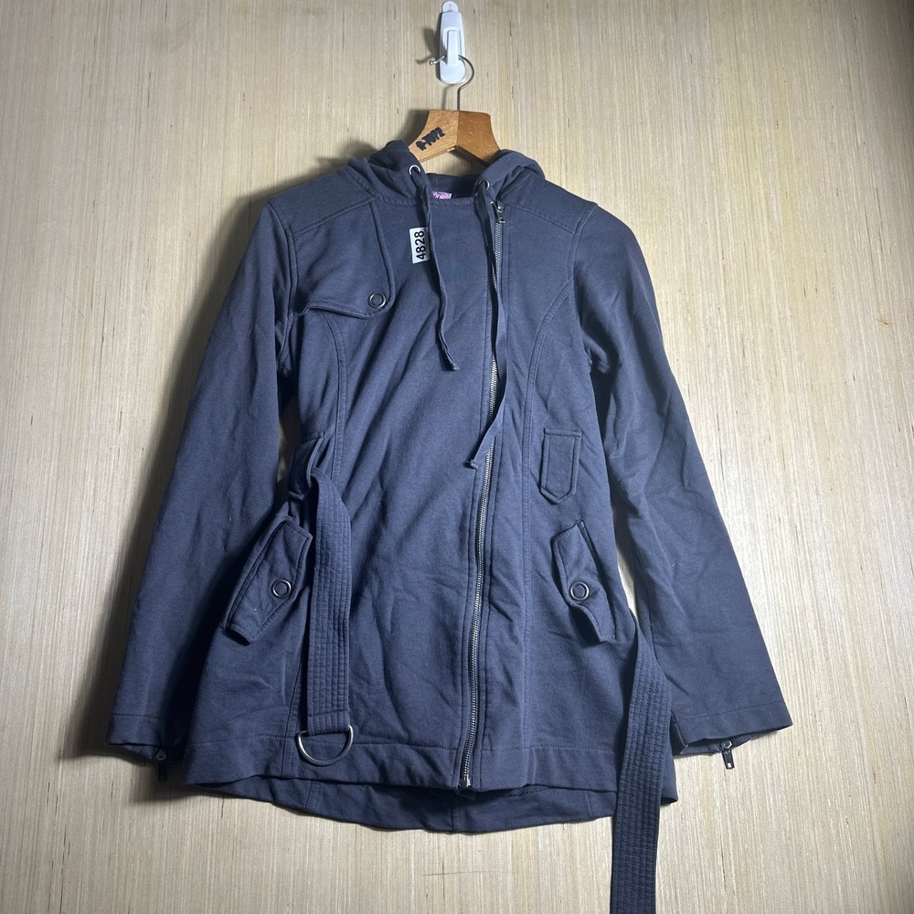 Vintage LA Kitty Hooded Zip Jacket Womens Medium Gray Up Belted Zip Up Y2K